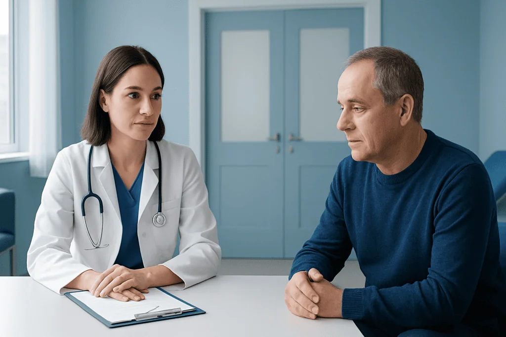 Doctor consulting with patient in a clinical setting at Acibadem Hospitals.