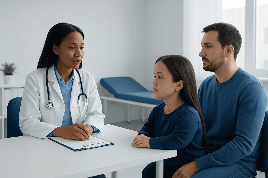 Doctor consulting with a young girl and her father in a medical office.