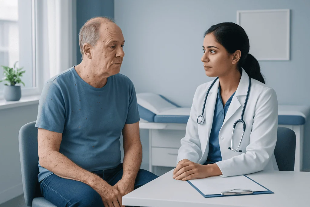 Doctor consulting with an elderly male patient in a hospital room.