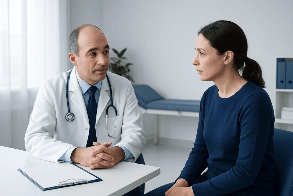Doctor consulting with a female patient in a medical office.