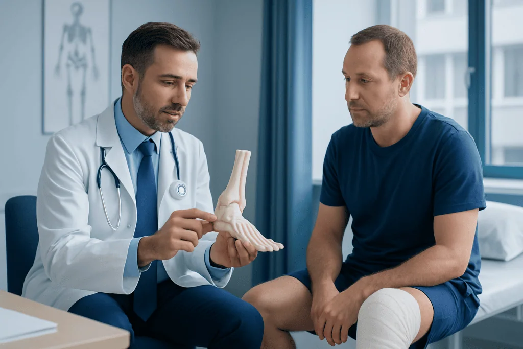 Doctor explaining calcaneus fracture to patient with foot injury.