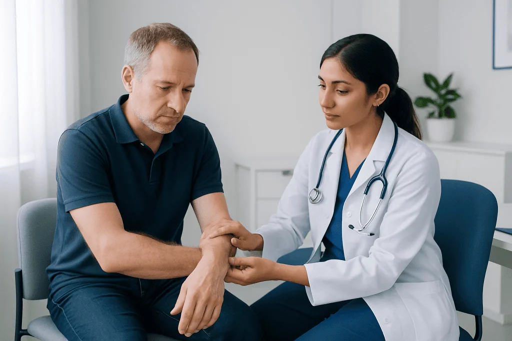 Doctor examining patient's elbow at a medical consultation.