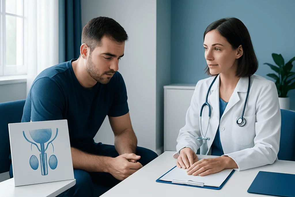 Doctor consulting male patient about male reproductive health.