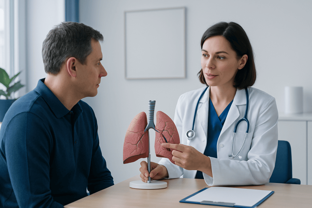 Doctor explaining lung anatomy to patient in a consultation room.
