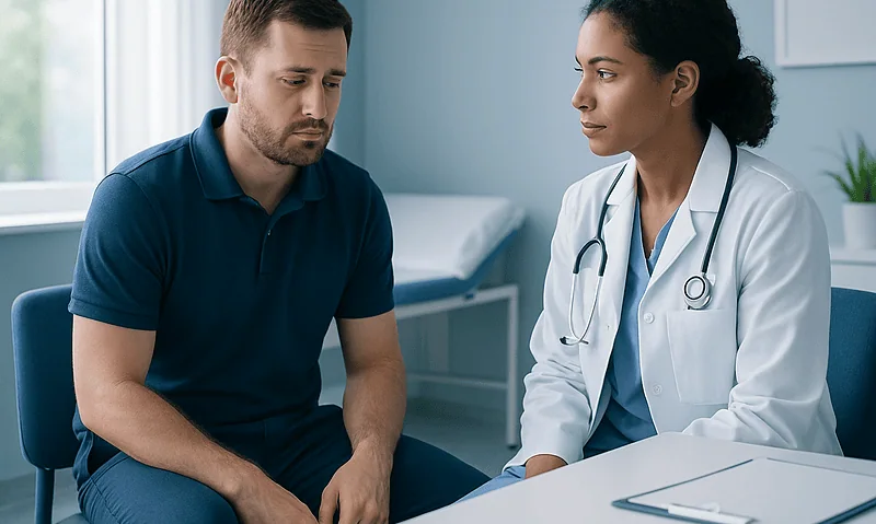 Doctor consulting male patient in a medical office setting.