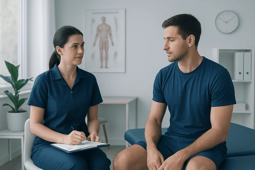Doctor consulting patient in a medical office setting.