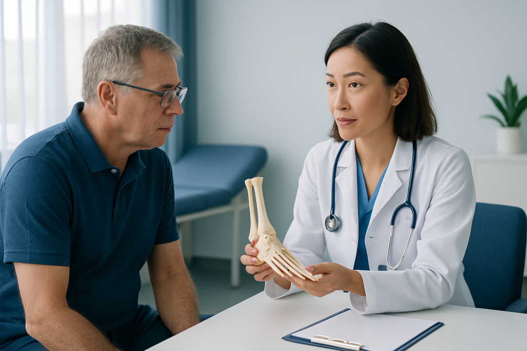 Doctor explaining foot anatomy to patient in a consultation room.