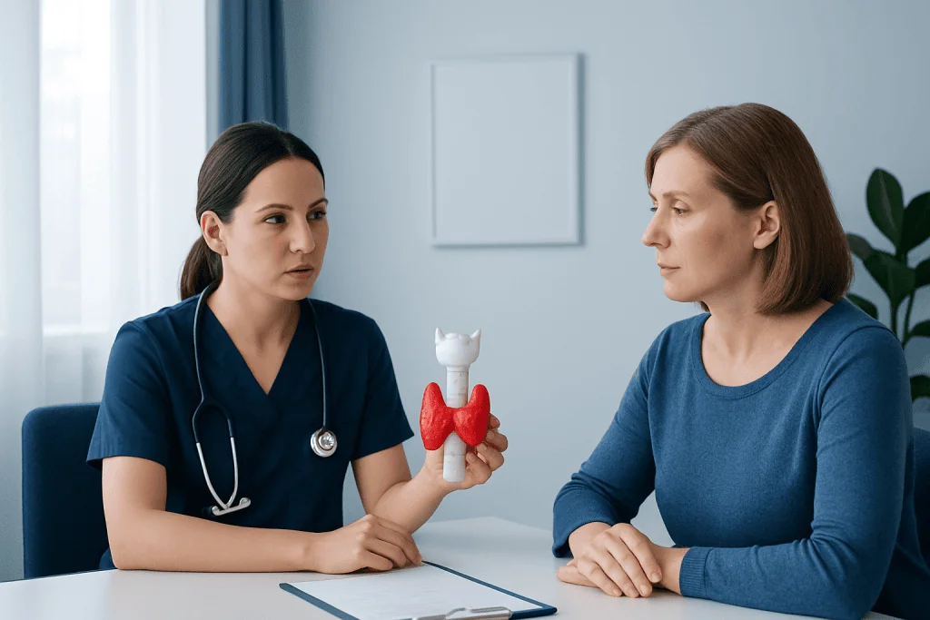 Doctor explaining thyroid gland model to patient in consultation room.