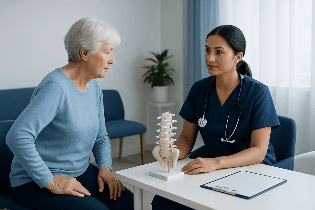 Doctor consulting with elderly woman about lumbar spine health.