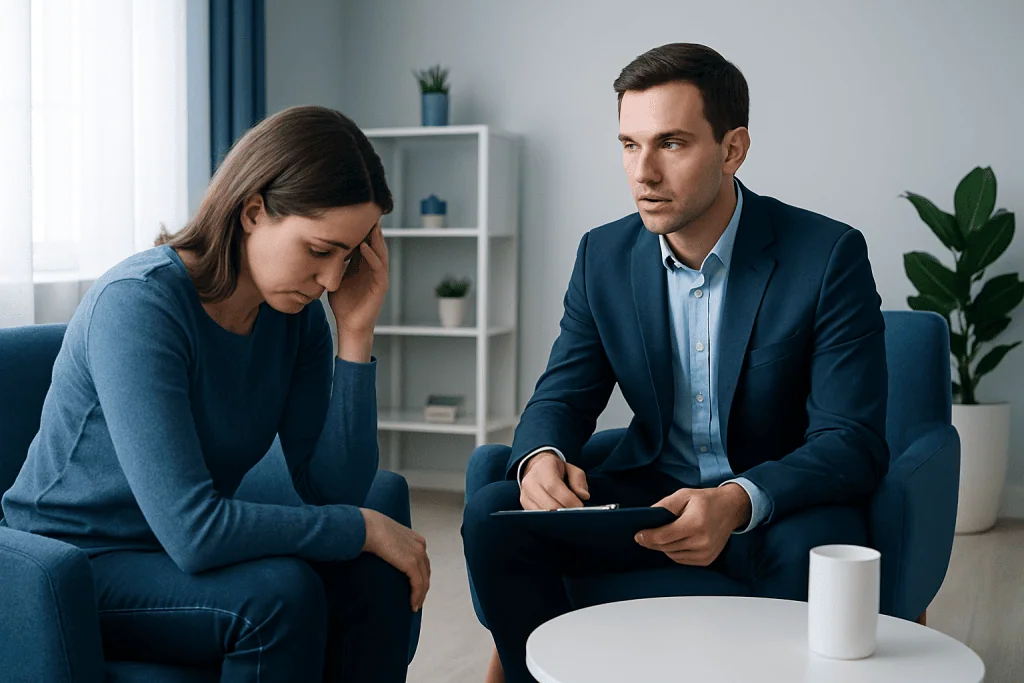 Therapist listening to a woman during a counseling session at Acibadem Hospitals.