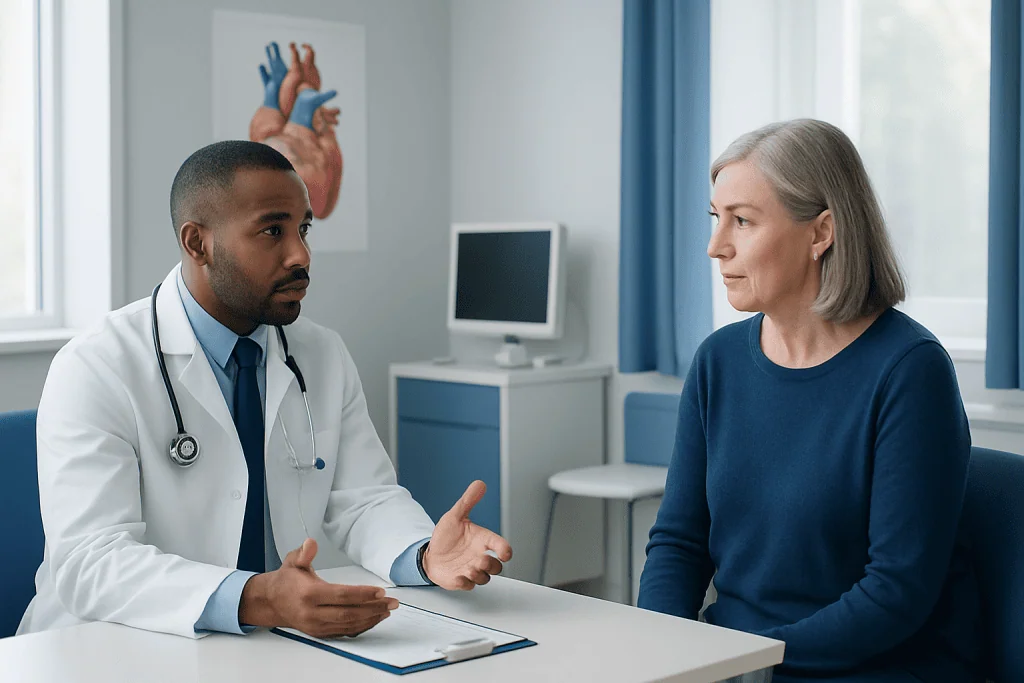 Doctor consulting with a female patient in a medical office.