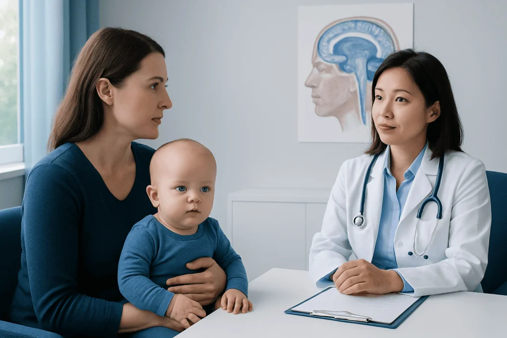 Pediatric consultation with a neurologist about hydrocephalus treatment options.