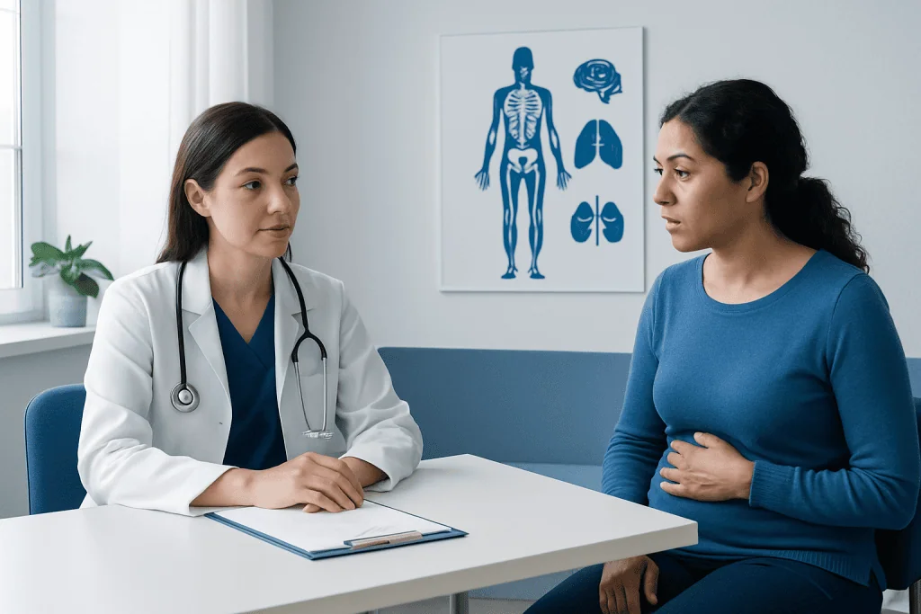 Doctor consulting patient about health symptoms in a medical office.