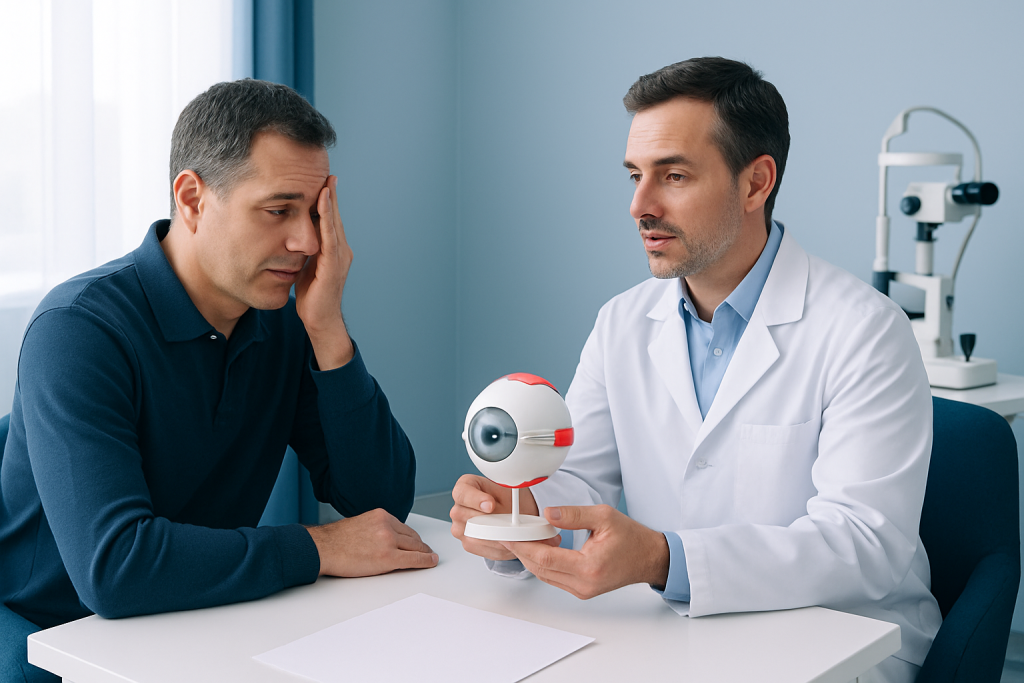 Ophthalmologist explains eye model to patient in clinic setting.