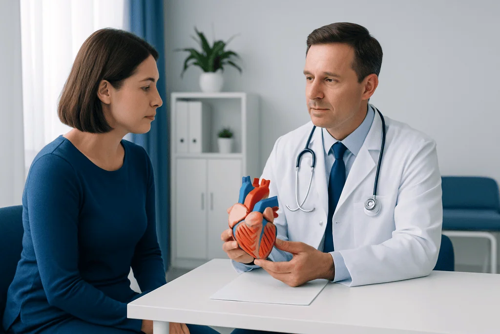 Doctor explaining heart valve issues to a patient with a model of the heart.