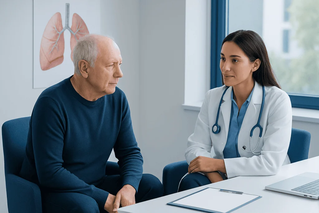 Doctor consulting with a senior male patient about lung health.