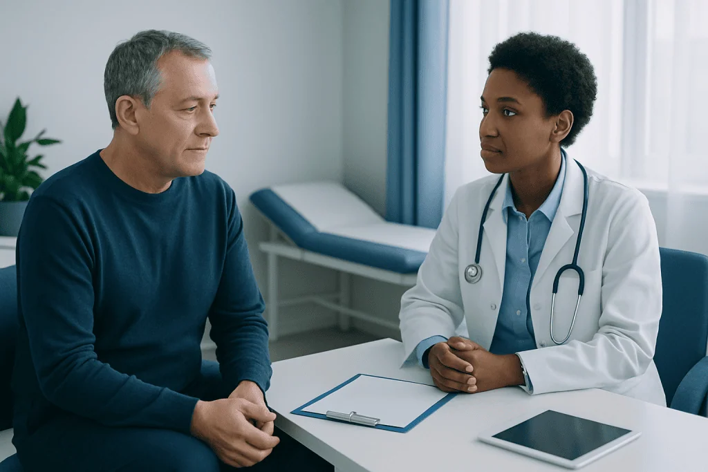 Doctor consulting with a male patient in a medical office.