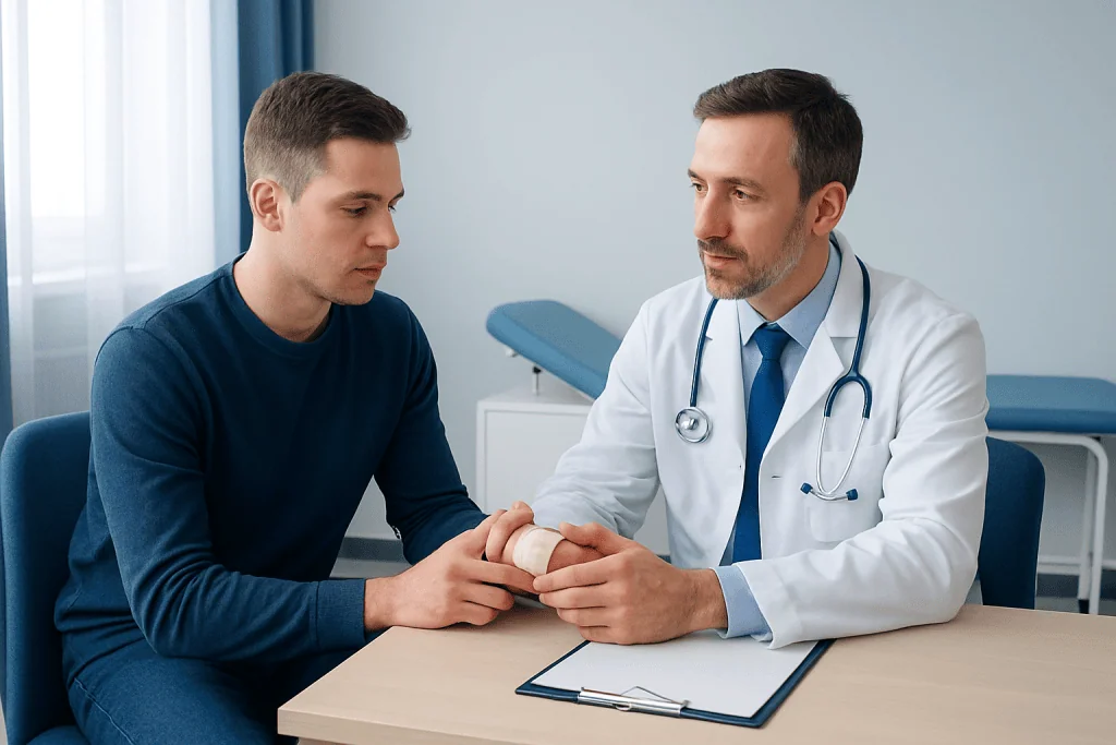 Doctor examining patient's injured finger in consultation room.