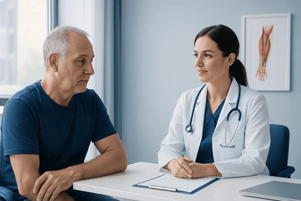 Doctor consulting with patient about bicep injury recovery process.