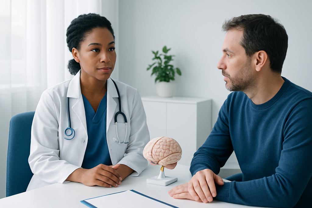 Doctor explaining brain injury treatment options to patient in consultation room.