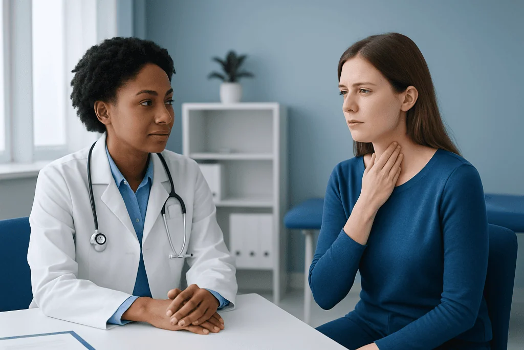 Doctor consulting with patient about throat health in a medical office.