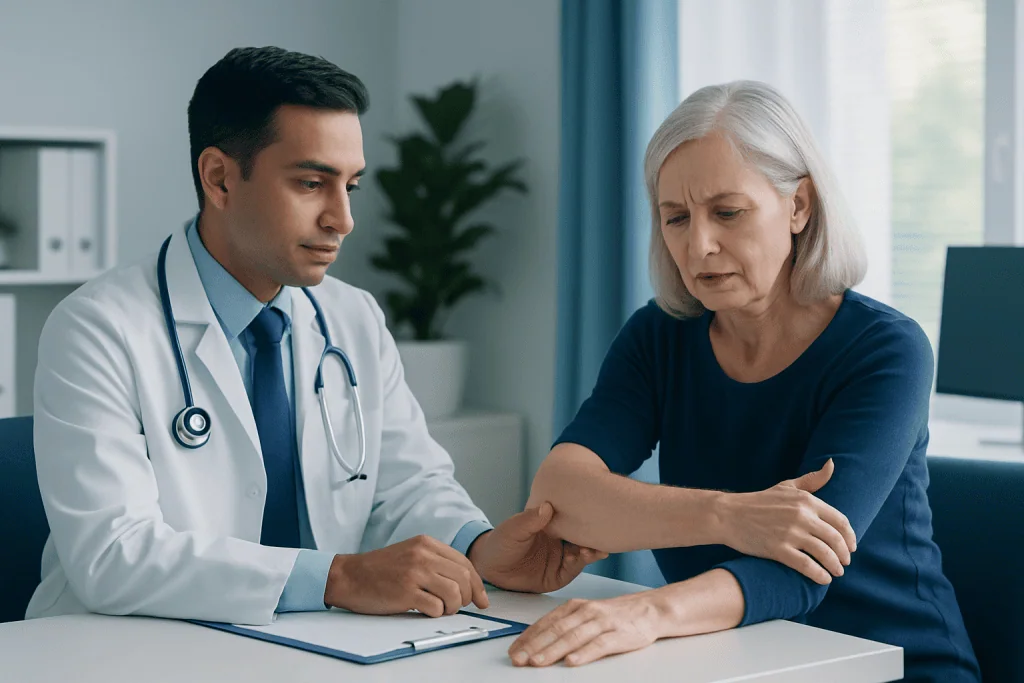 Doctor examining elderly woman's elbow in consultation room.