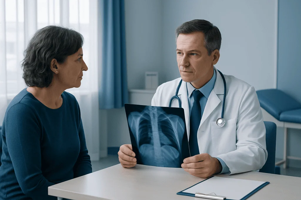 Doctor explaining lung X-ray to a patient in a medical consultation room.