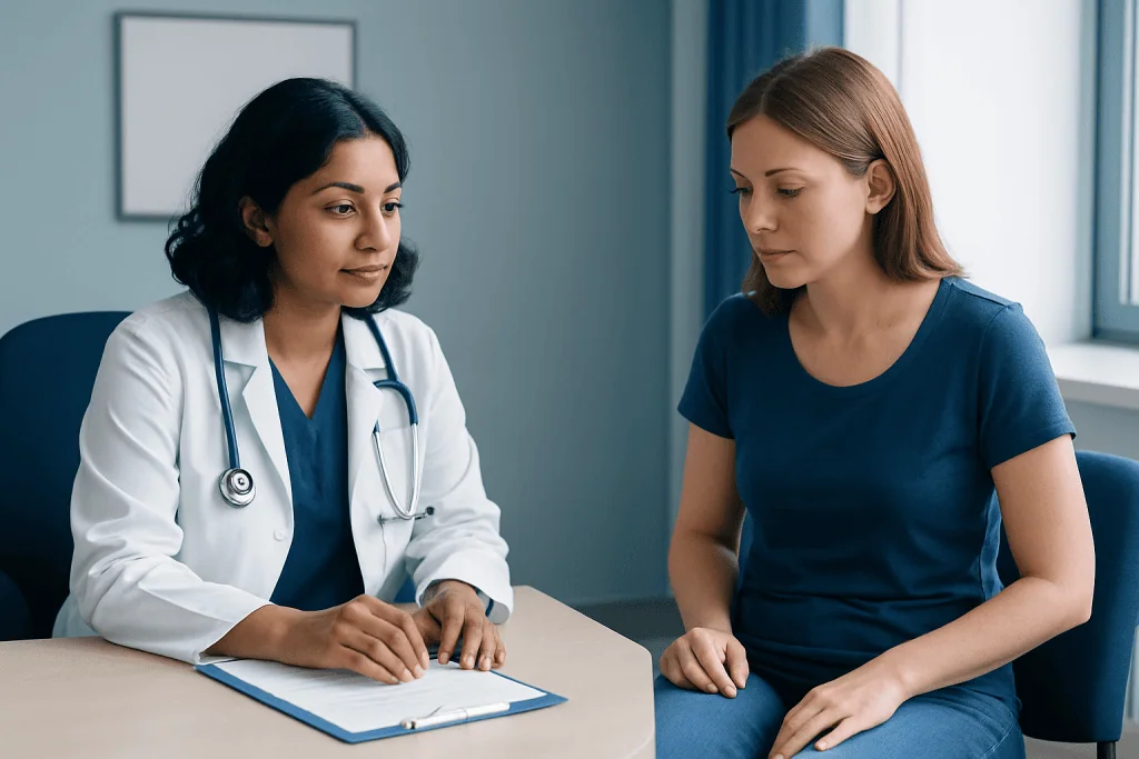 Female patient consulting with a doctor in a medical office.