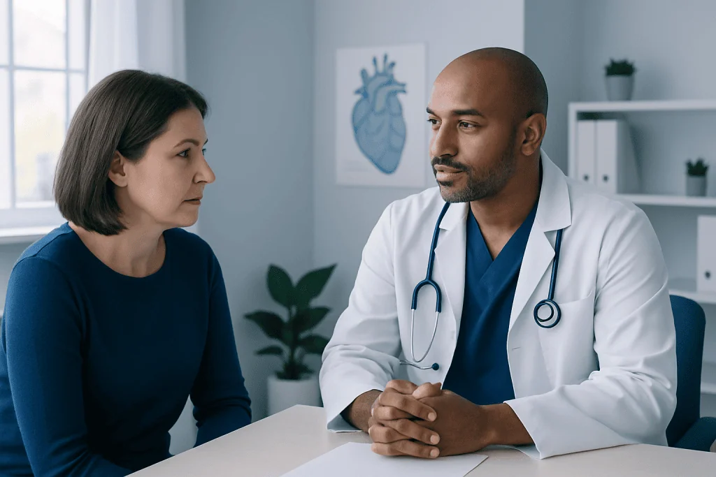 Doctor consulting with a female patient in a medical office setting.
