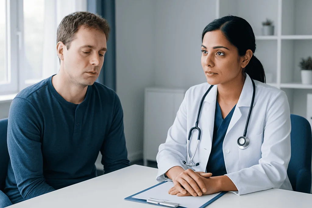 Doctor consulting with a male patient in a medical office.