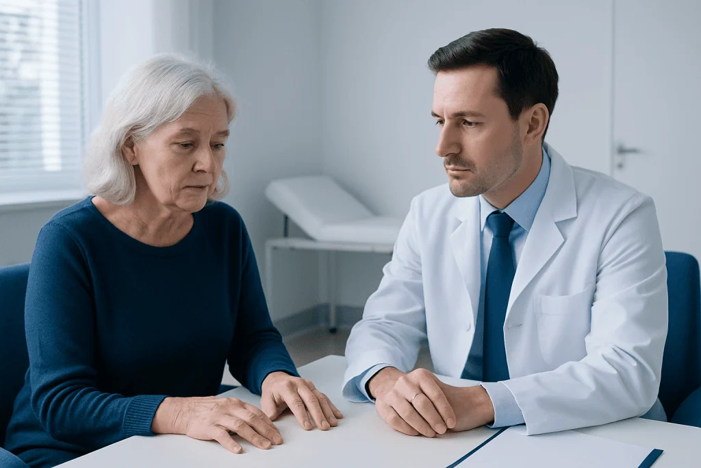 Doctor consulting with elderly woman about hand tremor treatment options.