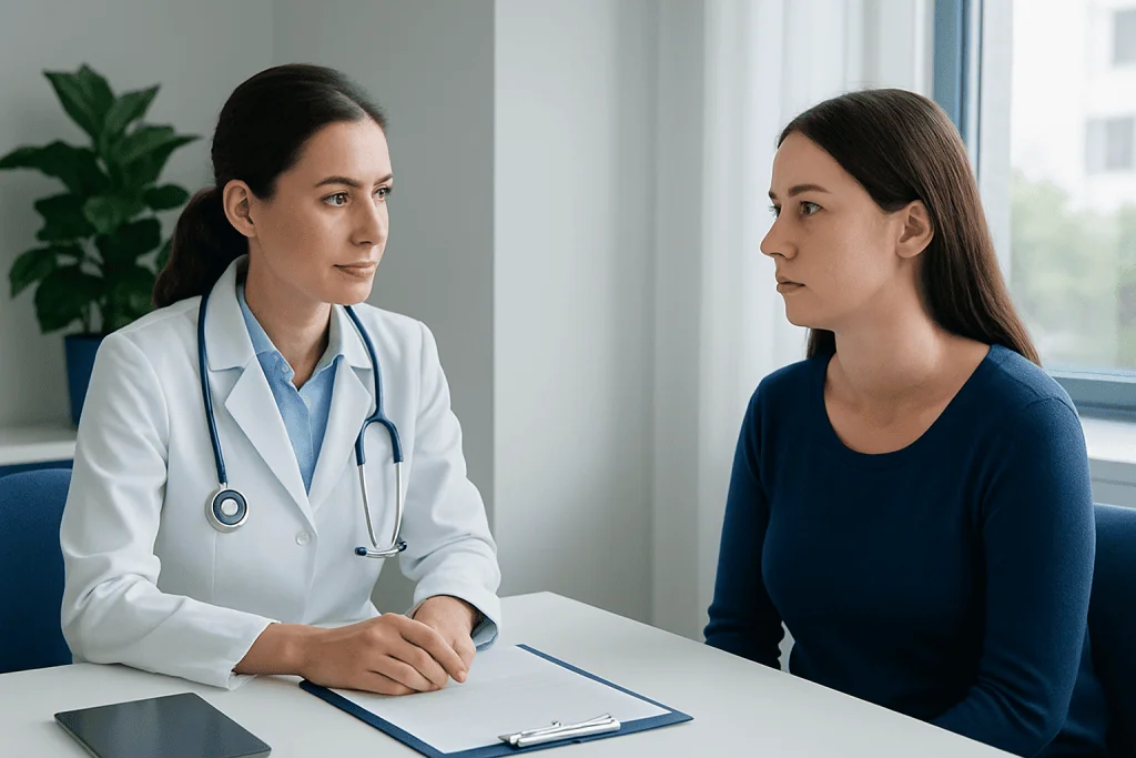 Doctor consulting with a patient in a modern medical office.