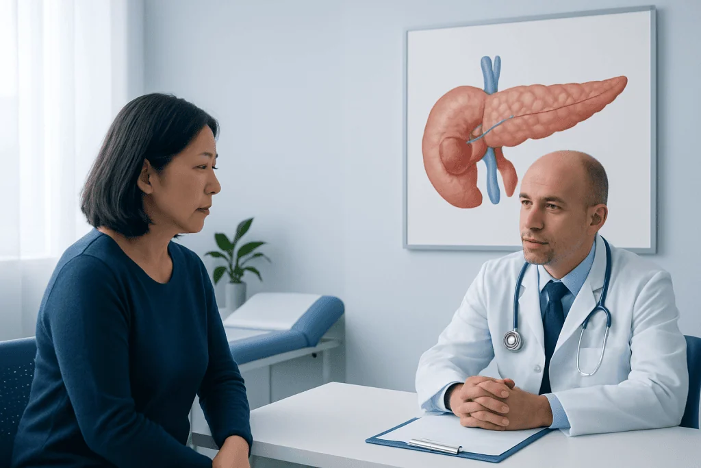 Doctor consulting with patient about pancreatic health in clinic.