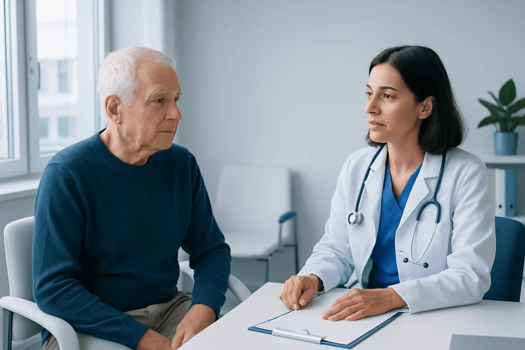 Doctor consulting elderly patient in a medical office.