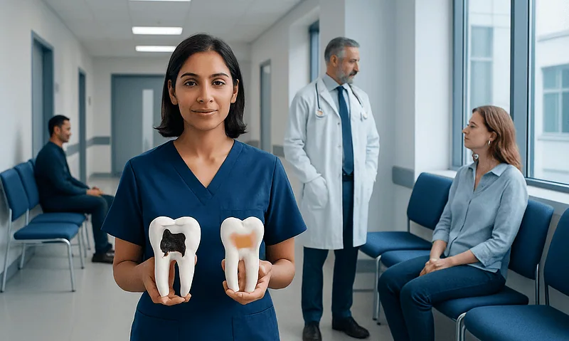 Dental professional holding models of healthy and decayed teeth in clinic.