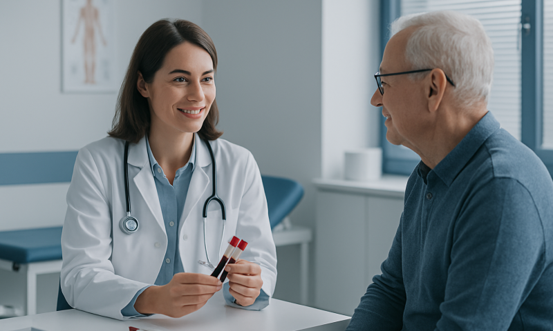 Doctor discussing blood test results with senior male patient in clinic.