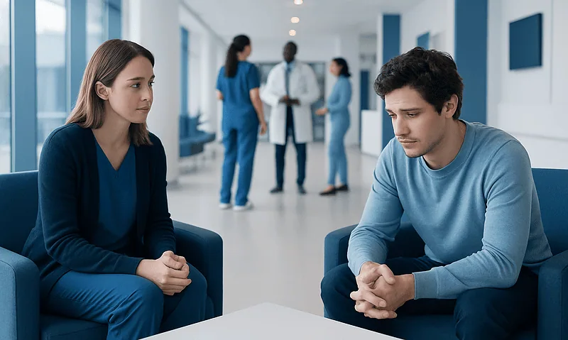 Patient and therapist in a counseling session at Acibadem Hospital.