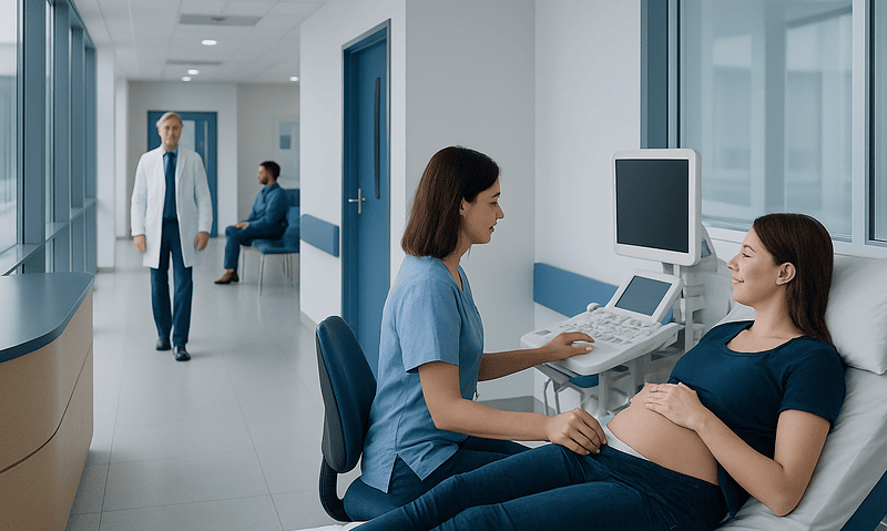 Pregnant woman undergoing ultrasound in hospital room with medical staff.
