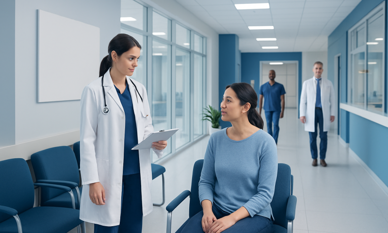Doctor consulting with a patient in a modern hospital corridor.
