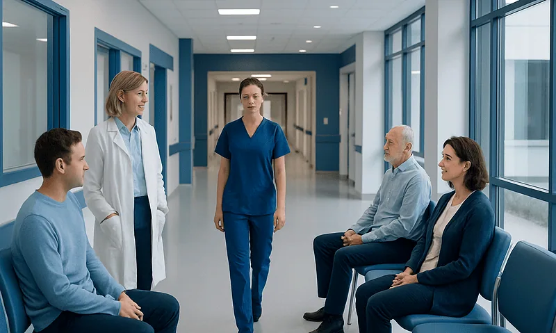 Medical consultation in hospital corridor with healthcare professionals and patients.