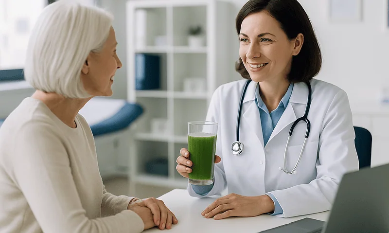 Doctor offering celery juice to a senior woman in a medical consultation.