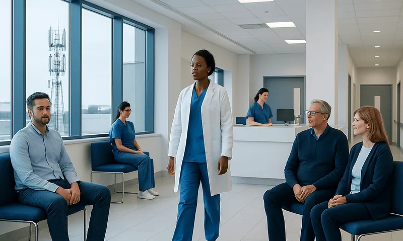 Medical professionals and patients in a hospital waiting area.