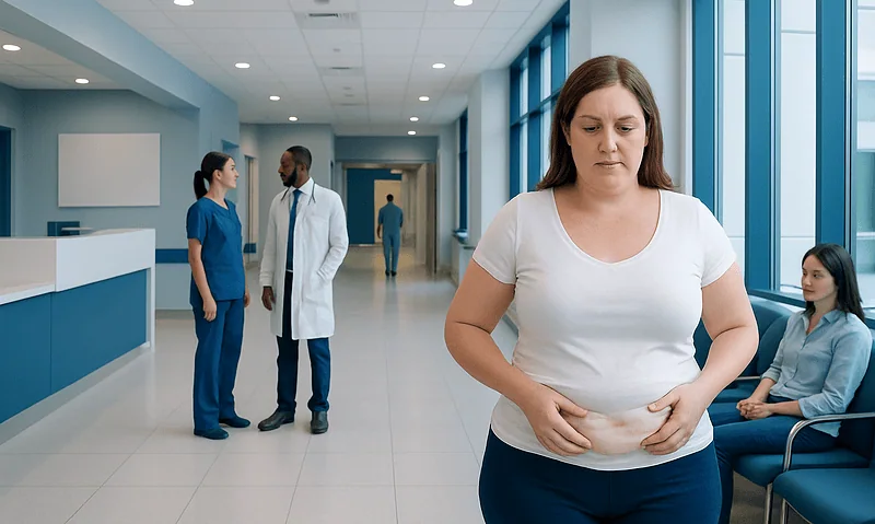 Woman with stomach discomfort in hospital corridor.
