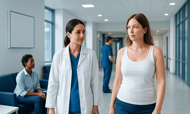 Doctor consulting a patient in a modern hospital corridor.