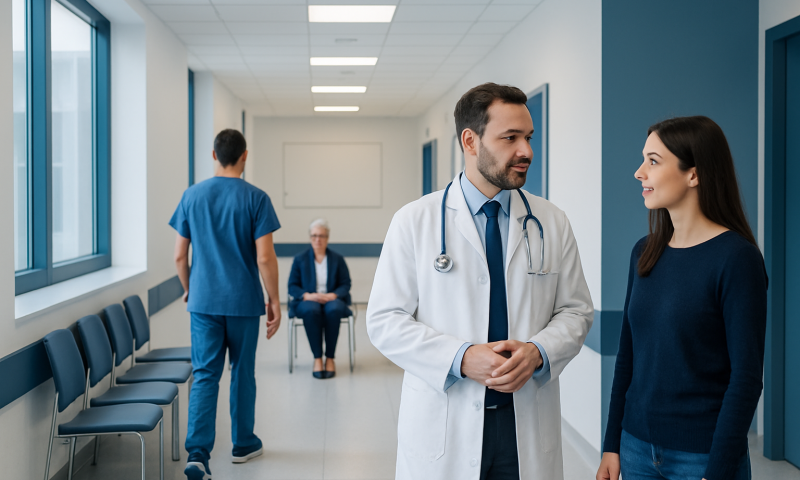 Doctor talking to a patient in a hospital corridor with medical staff in the background.