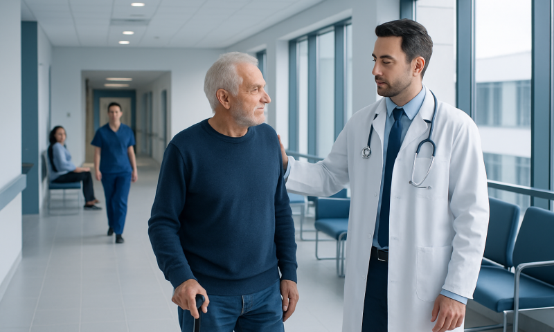 Doctor talking to elderly patient in hospital corridor.