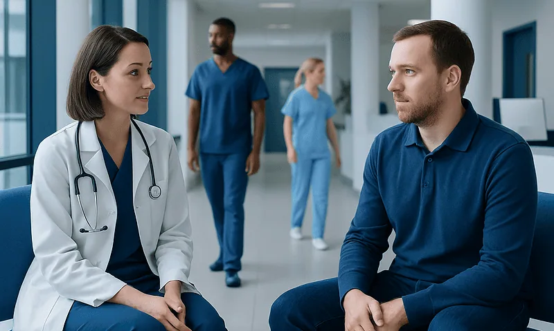 Doctor consulting patient in hospital corridor with medical staff in background.