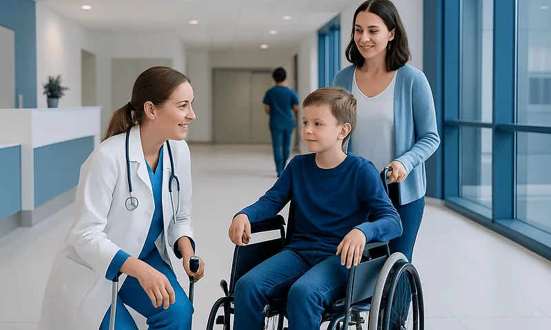 Child in wheelchair with mother and doctor in hospital corridor.