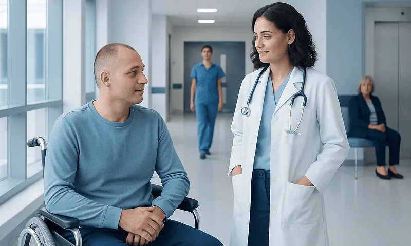 Doctor talking to a patient in a hospital corridor.