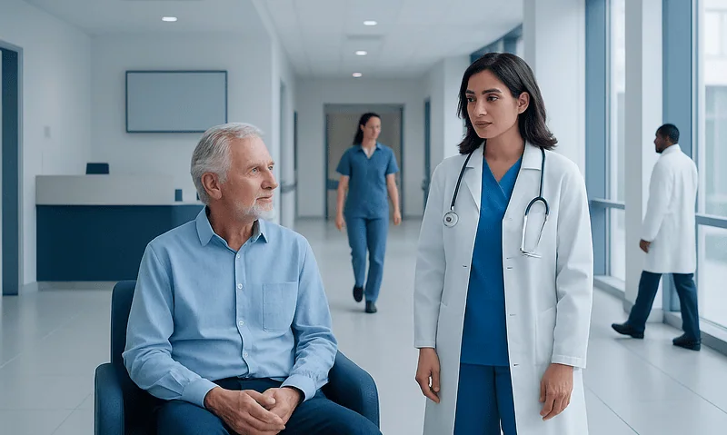 Doctor consulting with elderly patient in hospital corridor.
